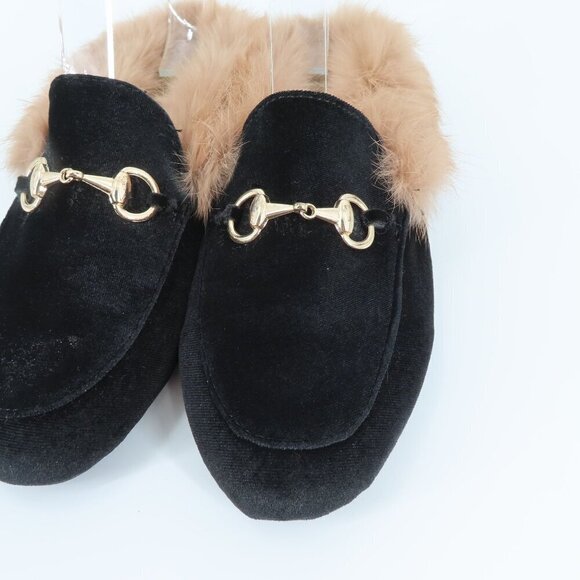 Womens 39 Black Velvet Gold Metal Horse Bit Brown Rabbit Fur Slide Shoes Slipper - Picture 4 of 11